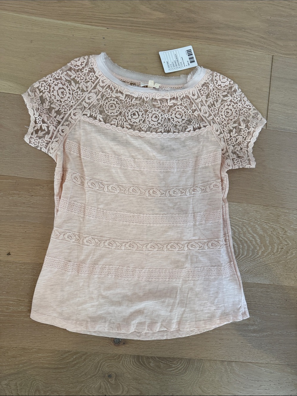 NWT Anthropologie Meadow Rue Lace Short Sleeve Women’s Blush Pink Tee size S